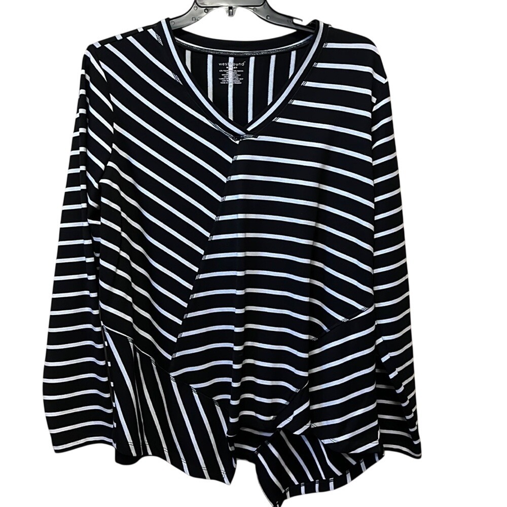 Westbound Woman Black White Striped Asymmetrical V-Neck Long Sleeve Top 2X